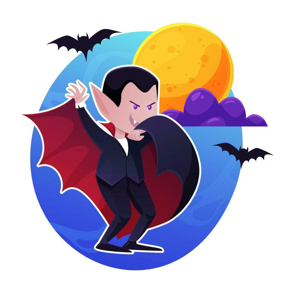 gelukkig halloween. vampier vervelend zwart en rood kaap tegen de backdrop van de vol maan. schattig karakter. kleurrijk vector in tekenfilm stijl.