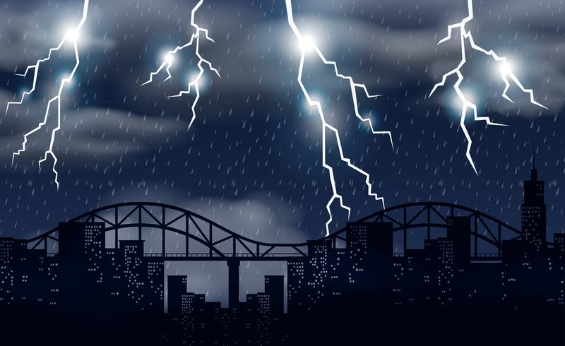Storm en verlichting over de stad vector