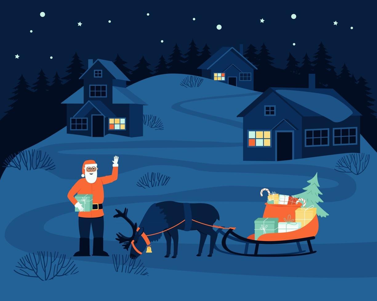 de kerstman kwam 's nachts naar het dorp om cadeaus aan kinderen te bezorgen vector