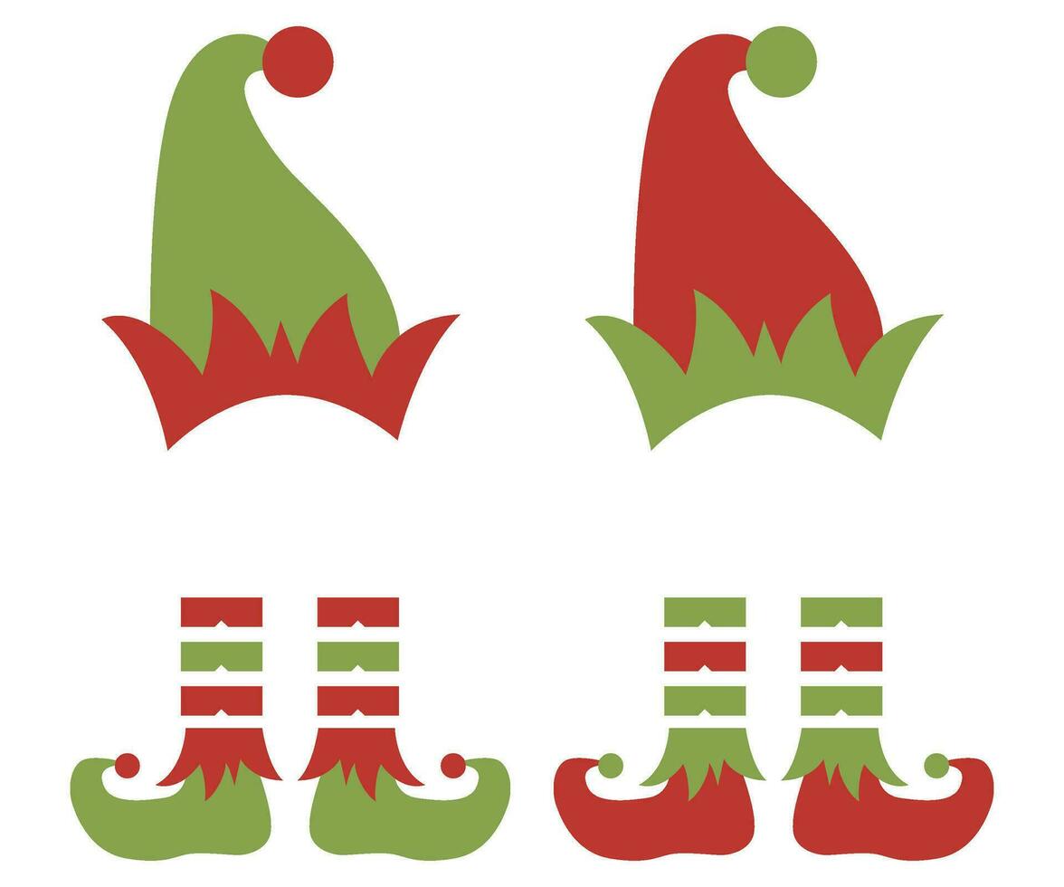 Kerstmis elf hoed set, vector illustratie. jongen en meisje elfen poten, laarzen, sokken