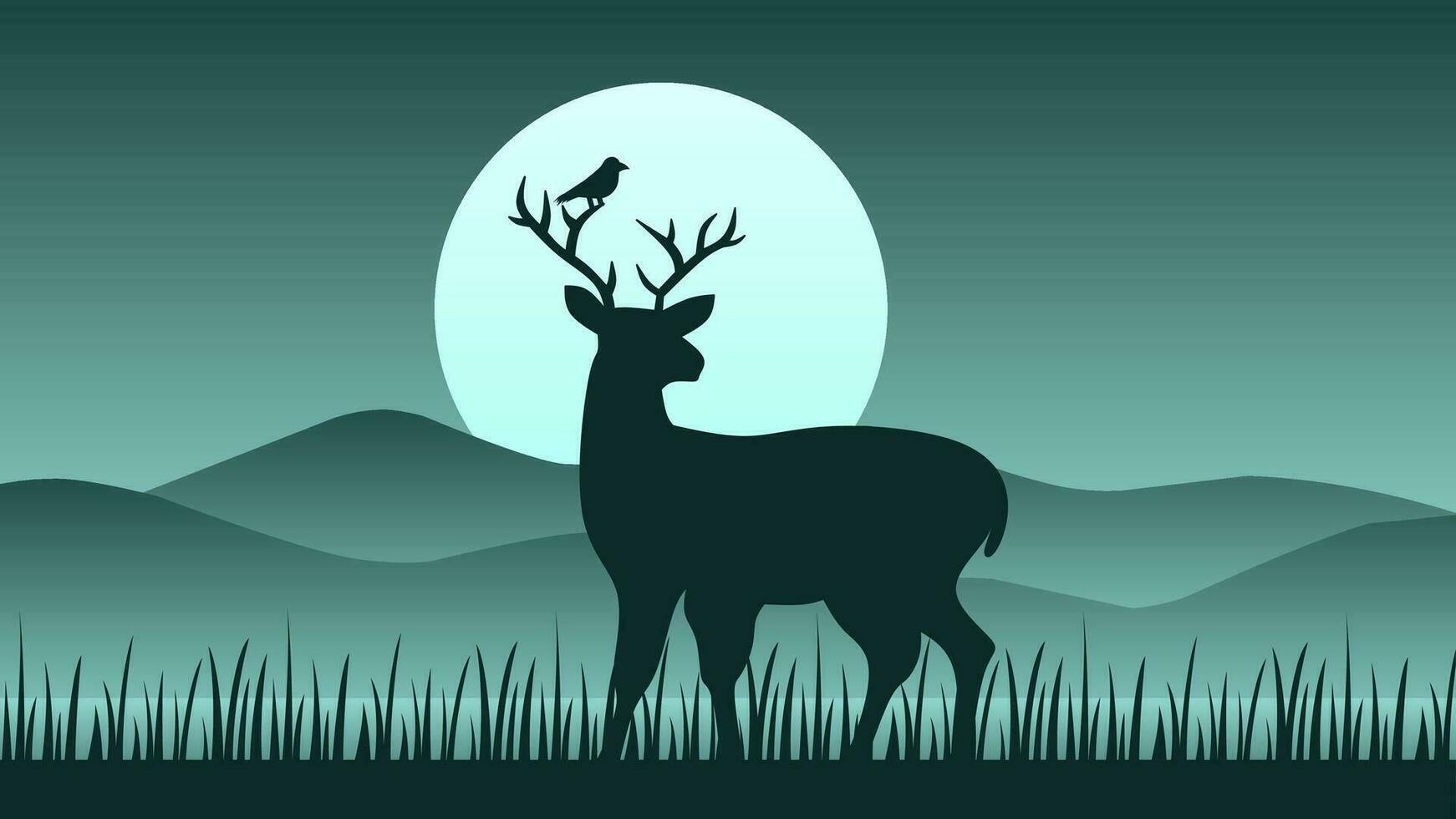 dieren in het wild nacht landschap vector illustratie. hert en vogel in de nacht weide landschap. dieren in het wild landschap voor achtergrond, behang of landen bladzijde. natuur panorama visie ontwerp vector illustratie