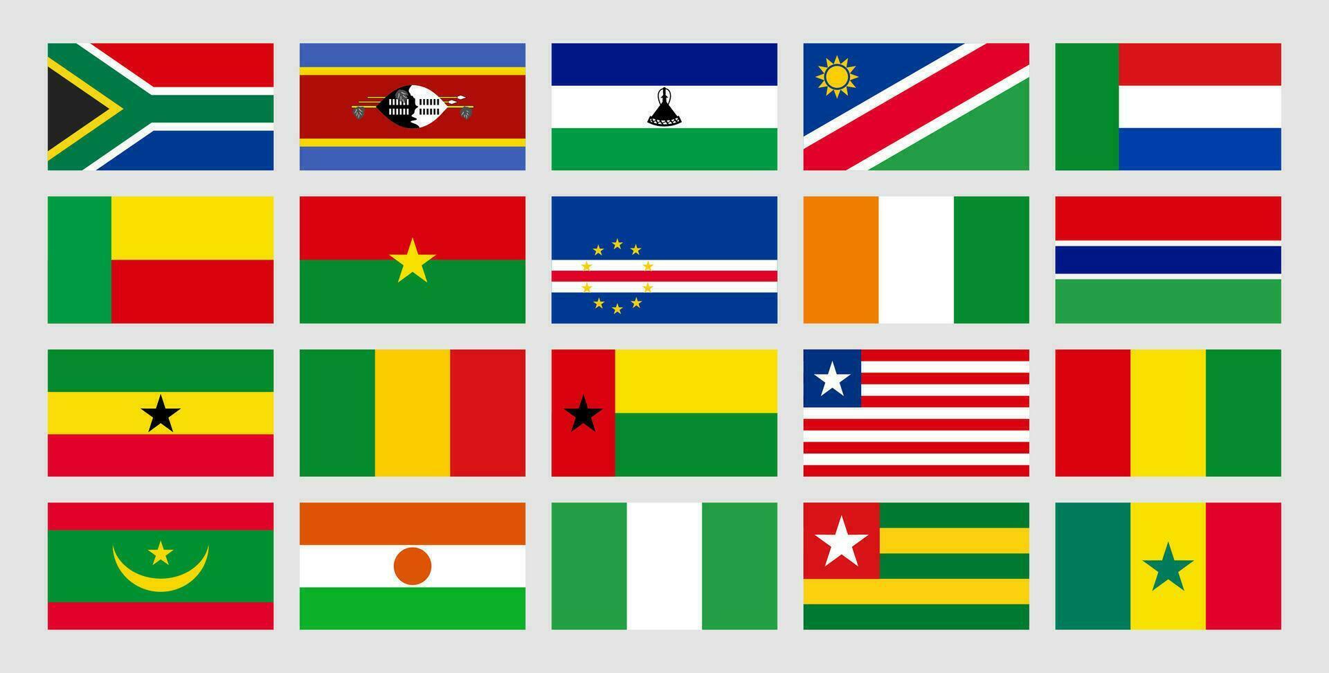 reeks vlaggen van zuidelijk en western Afrika, Botswana, eswatini, Lesotho, Namibië, zuiden Afrika, Benin, Burkina faso, kaap verde, cote d ivoor, Gambia, Ghana, Guinea, Liberia, Mali, Mauritanië, Niger vector