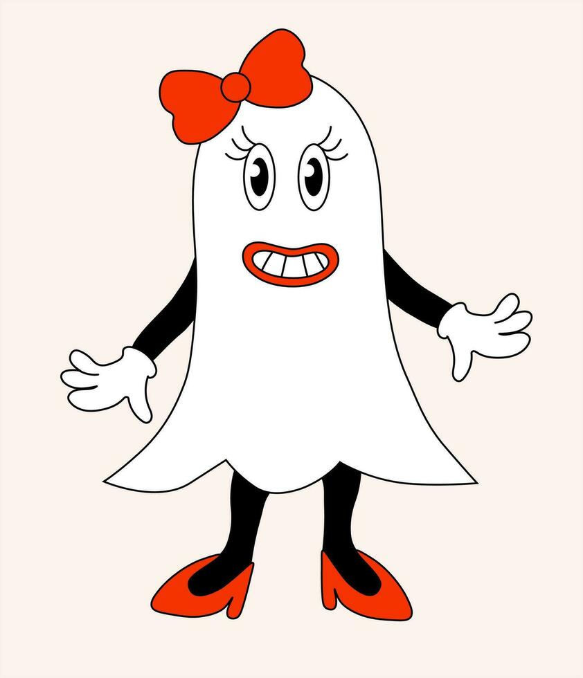 retro groovy halloween geest schattig meisje glimlach. vector vlak.