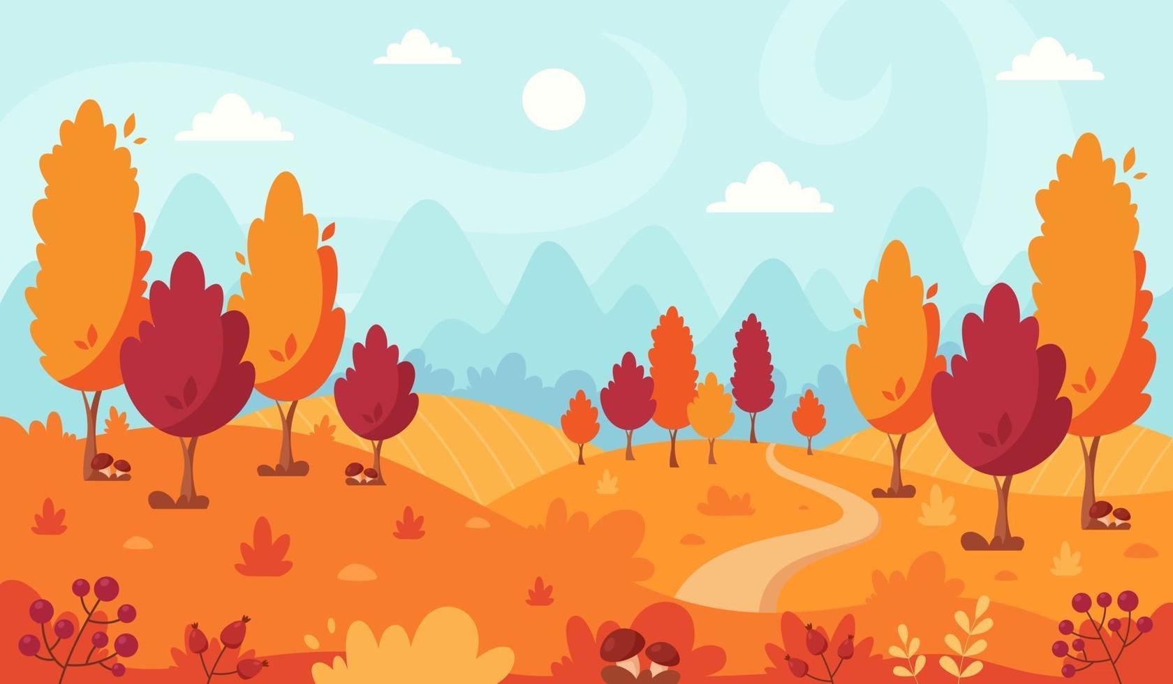 herfstlandschap met bomen, bergen, velden, bladeren vector