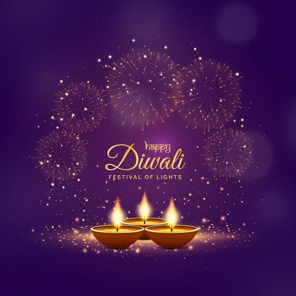 gelukkig diwali festival achtergrond met vuurwerk en brandend olie lampen vector