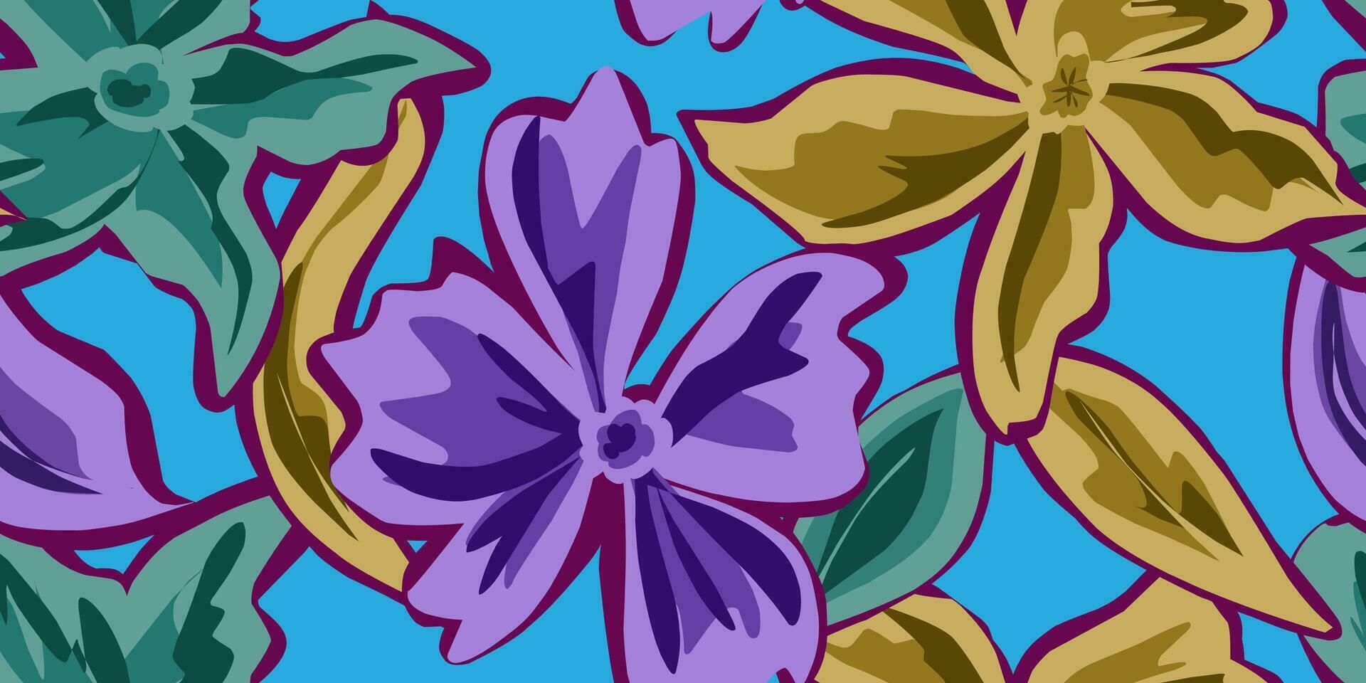 een patroon met Purper en geel bloemen Aan een blauw achtergrond vector