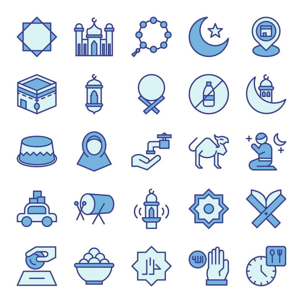 Ramadan pictogrammen reeks in blauw gekleurde schets stijl. de verzameling omvat web ontwerp, toepassing ontwerp, ui ontwerp, gedurende Ramadan, eid, en anderen. vector