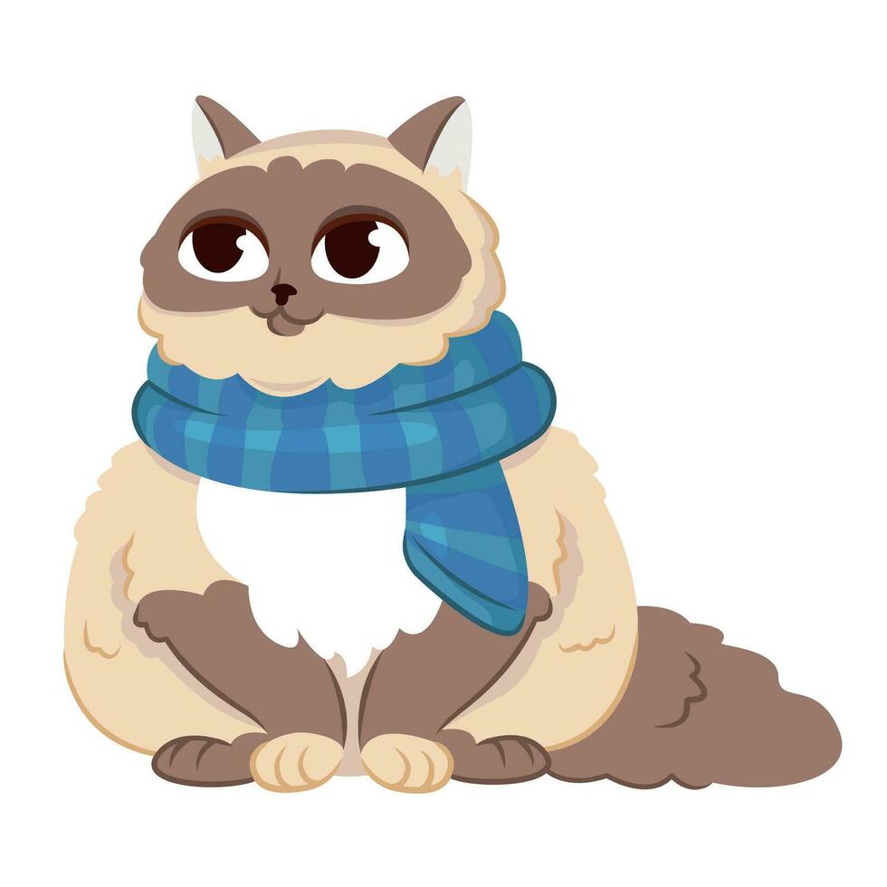een kat in een sjaal. schattig katje karakter. een symbool van huisdier producten, kleding voor katten. winter ansichtkaart. vector illustratie.