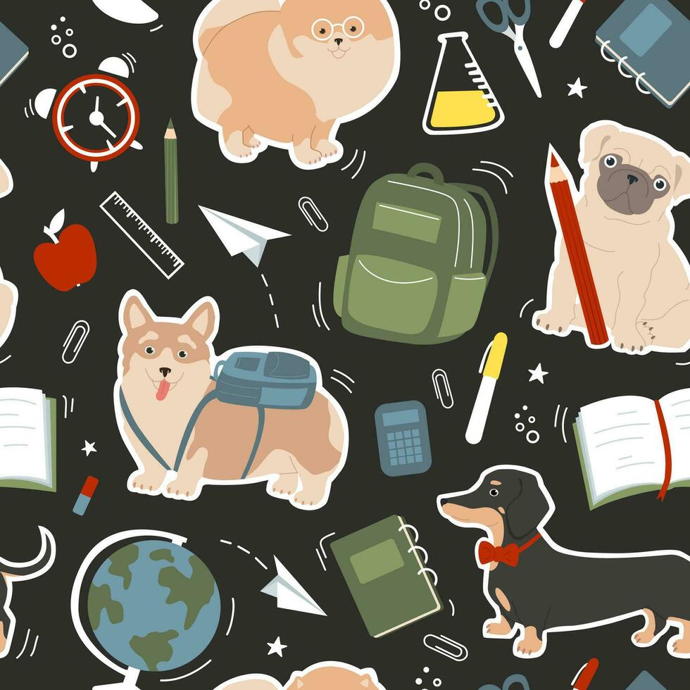 naadloos patroon van schattig honden en school- elementen - wereldbol, papier clips, rugzak, papier vliegtuigen, pennen, boeken, notebooks. baby vector illustratie.