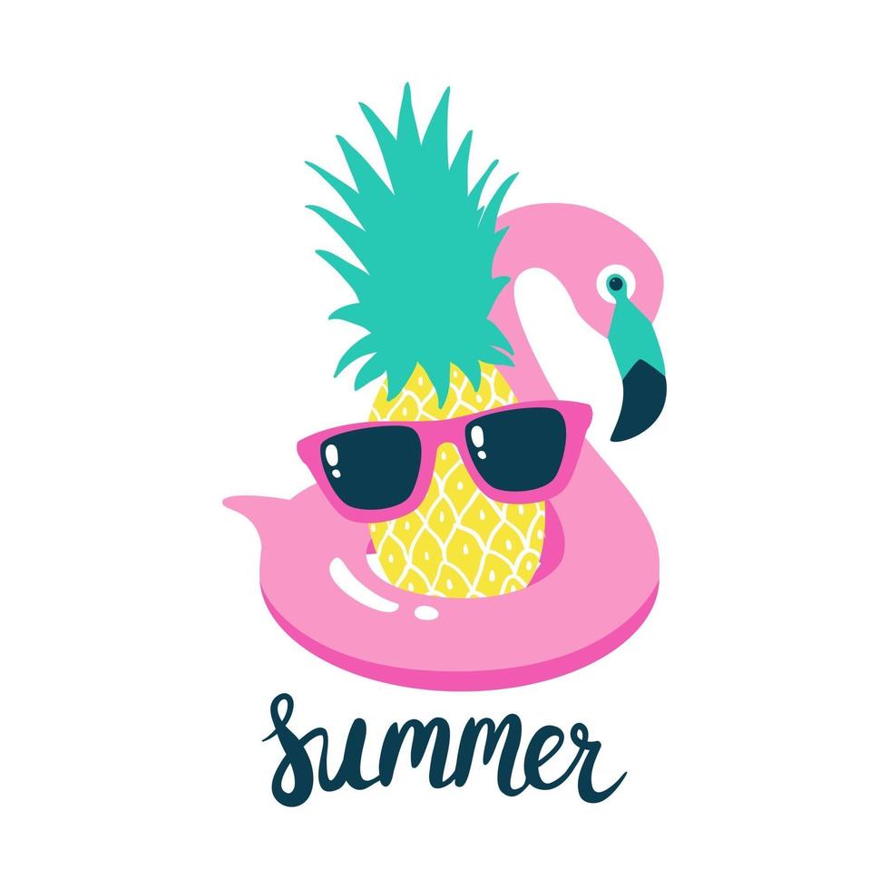 zomer poster zwembad drijvend met flamingo en ananas. vector