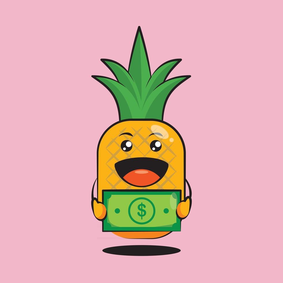 schattige ananas cartoon met een geld in de hand vector