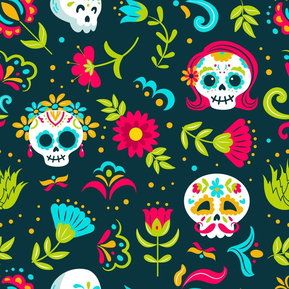 dag van de dood. dia de muertos. naadloos patroon. katrina, de kledingstuk schedel, de feestelijk skelet, Mexicaans volk bloemen, de benig danser. wijnoogst stijl. voor poster, ansichtkaart, banier, ontwerp. vector