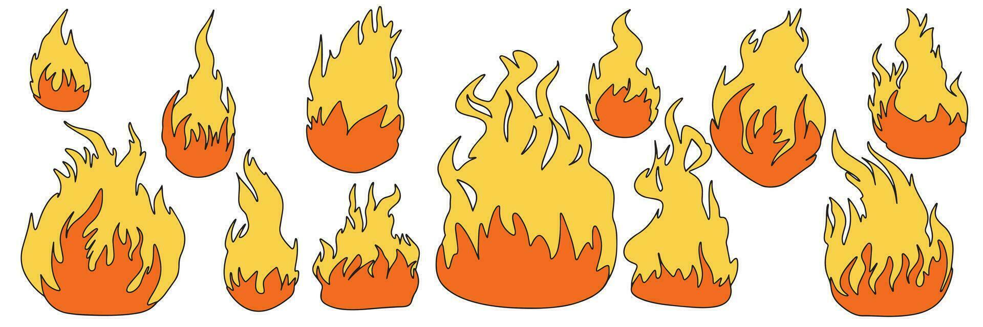 groot verzameling van brand gekleurde schets. brand in tekening stijl geïsoleerd Aan wit achtergrond. hand- getrokken brand. vector illustratie.