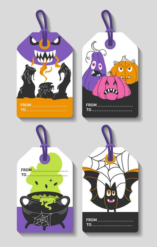 reeks van halloween geschenk labels. vector illustratie. vlak vakantie symbolen. afdrukbare groet kaarten illustratie. helder ontwerp voor halloween in traditioneel kleuren.