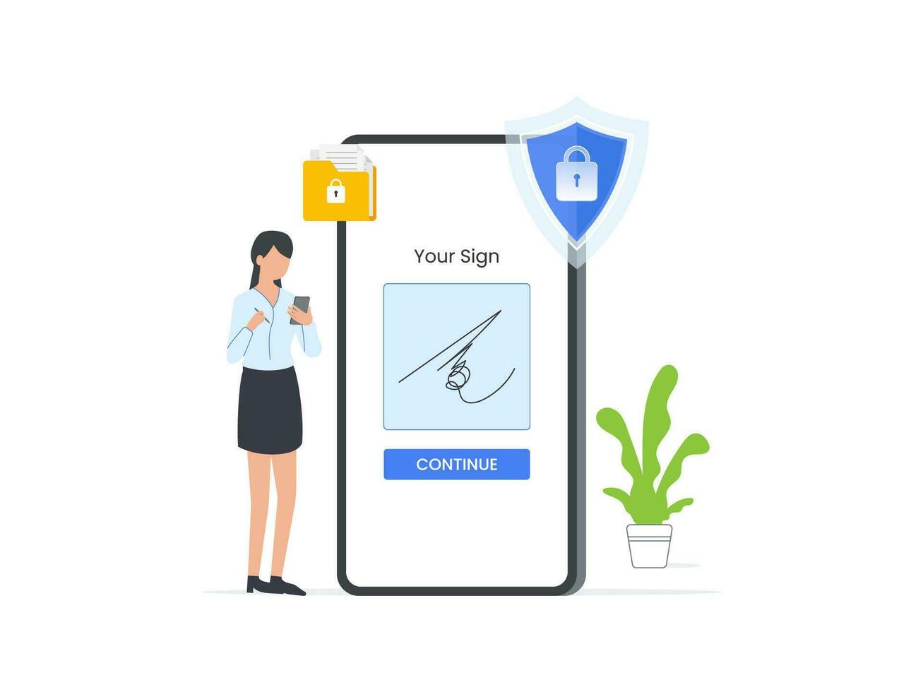 concept van digitaal handtekening. een zakenvrouw tekens Aan een smartphone scherm, uitvoeren een digitaal of e-contract. geïsoleerd vector illustratie.