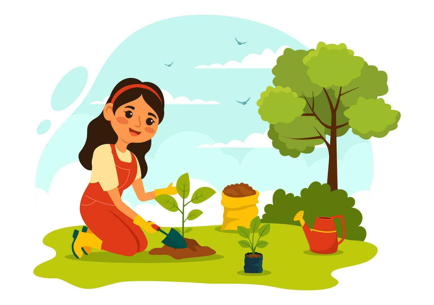 aanplant planten vector illustratie met mensen genieten tuinieren, plant, gieter of graven in de tuin in vlak kinderen tekenfilm achtergrond ontwerp