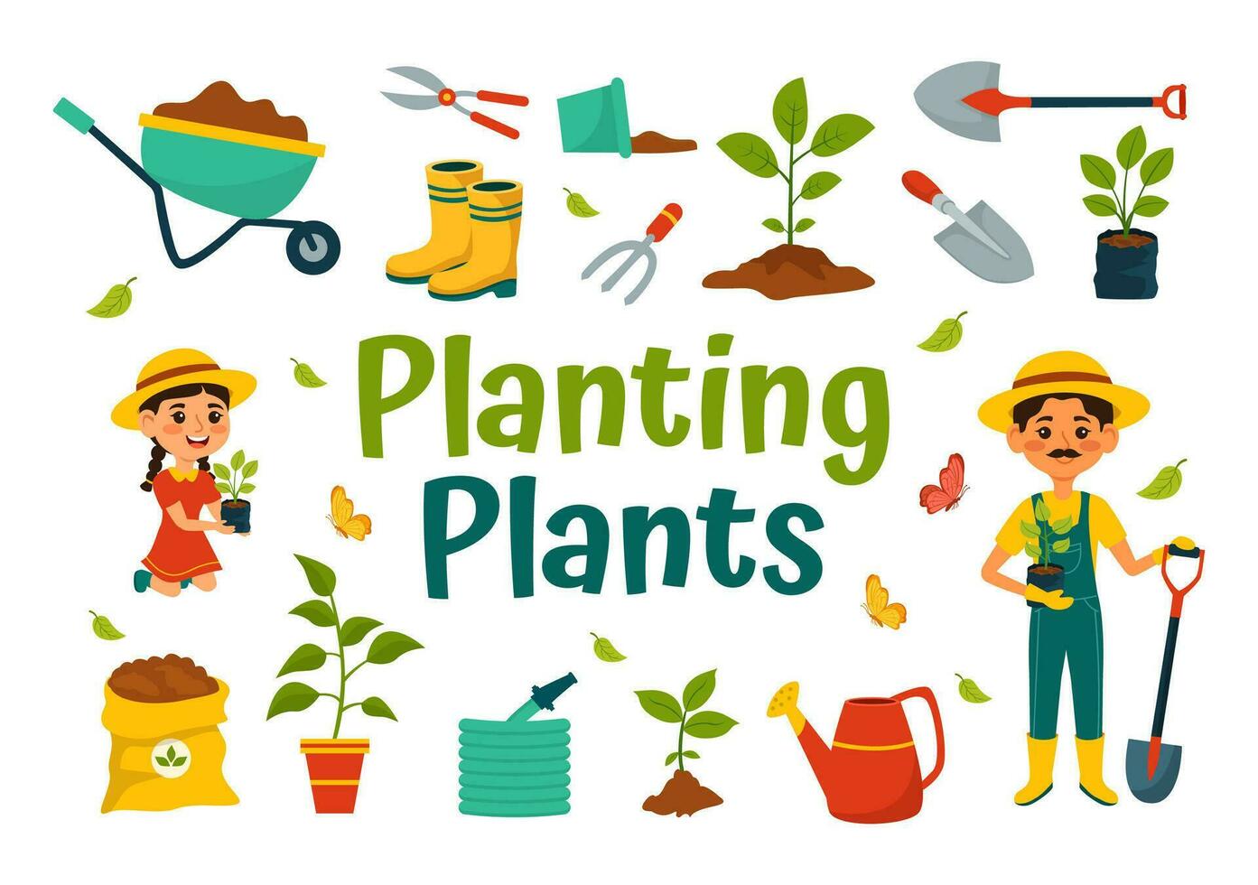 aanplant planten vector illustratie met mensen genieten tuinieren, plant, gieter of graven in de tuin in vlak kinderen tekenfilm achtergrond ontwerp