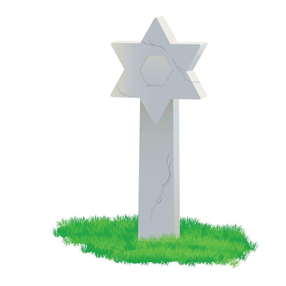 tekenfilm graf. een herdenkings- grafsteen in de vorm van een ster van david gemaakt van grijs marmeren Aan een groen gazon. vector illustratie van de begraafplaats.