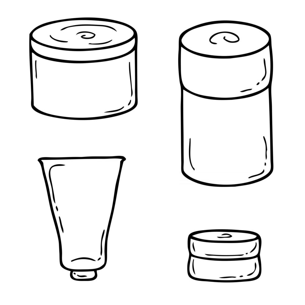 doodle set van vier lege cosmetische potjes voor zelfzorg vector