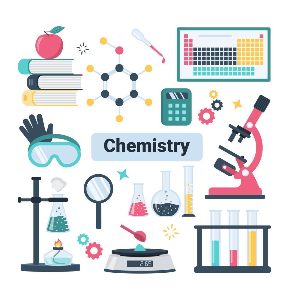 school scheikunde laboratorium apparatuur set vector