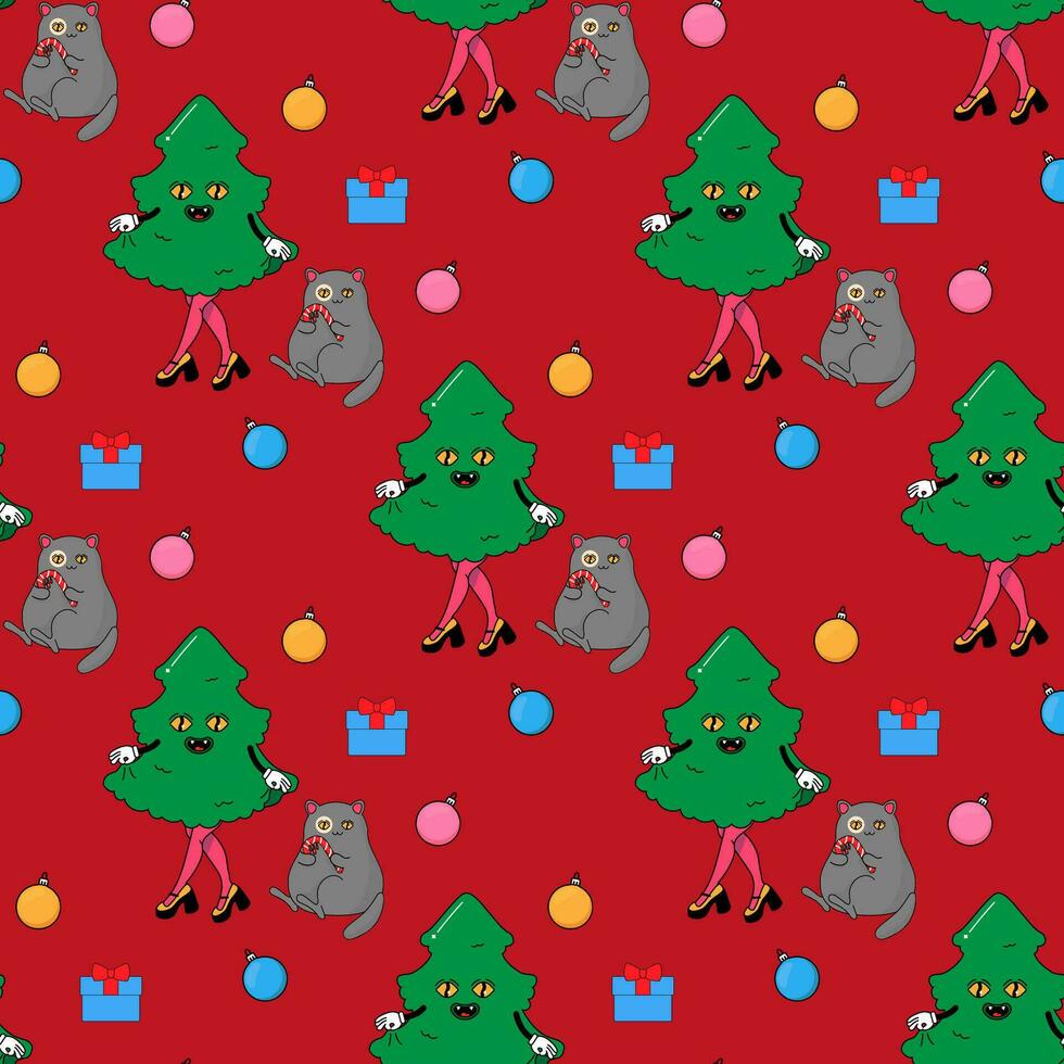 kat en Kerstmis boom, eco cactus nieuw jaar. vector