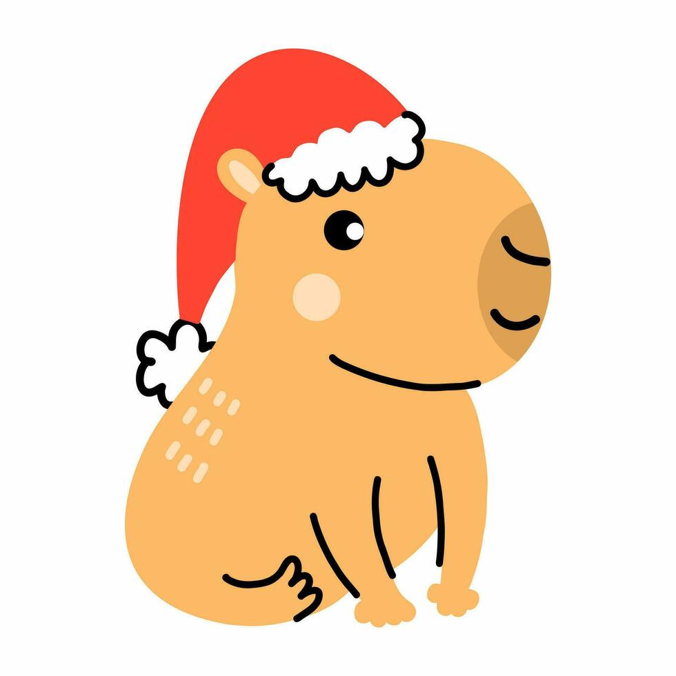 schattig capibara in de kerstman claus hoed. vector illustratie in krabbels. sticker voor Kerstmis of nieuw jaar.