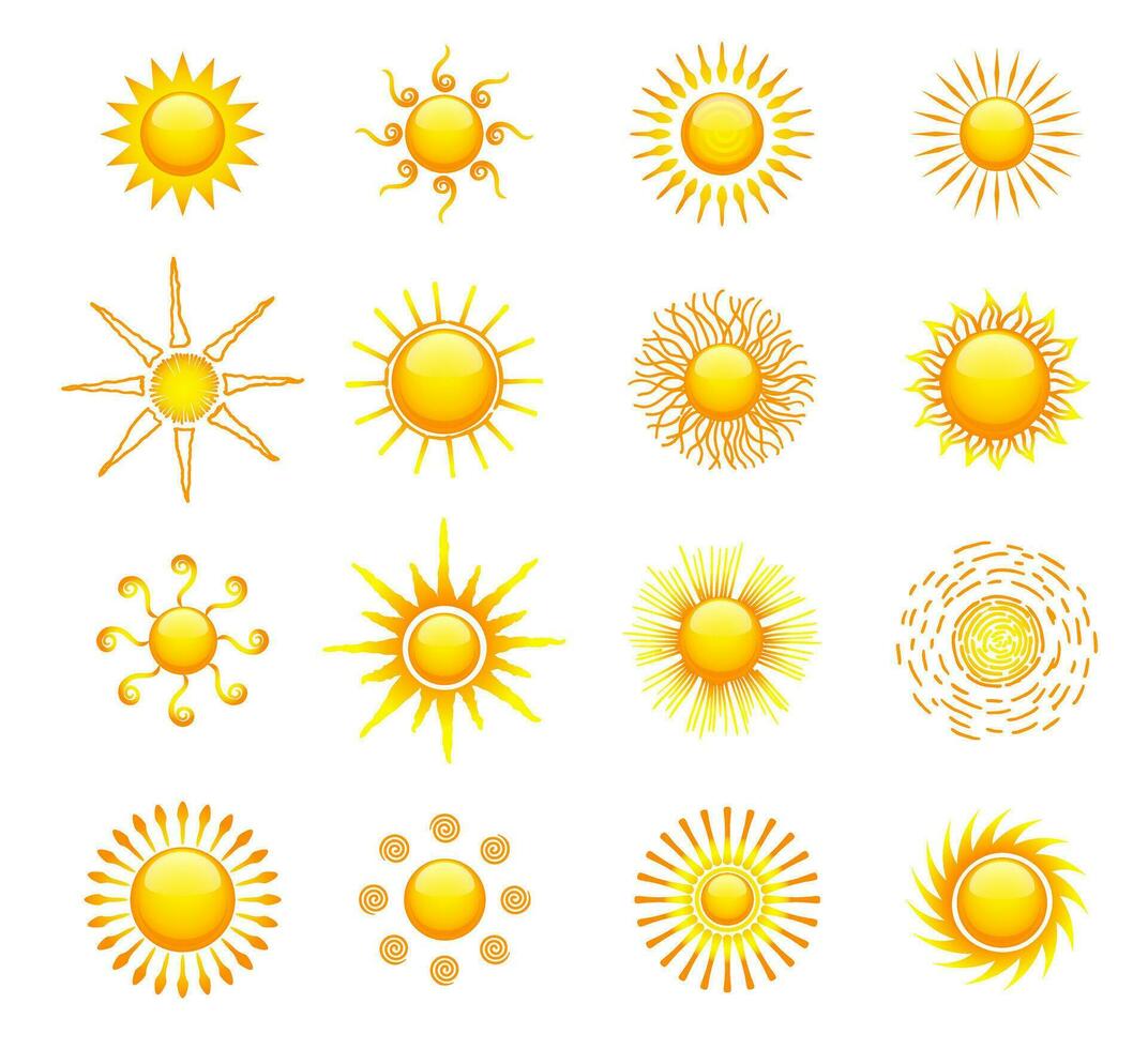 zon pictogrammen vector symbool set. verzameling van zon sterren voor gebruik in net zo logo of weer icoon. zomer symbool. divers pictogrammen met stralen. vector illustratie