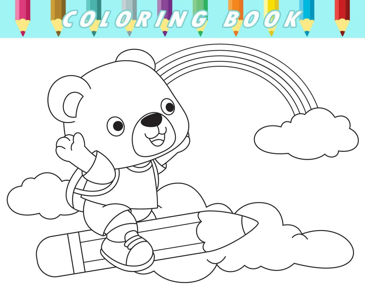 kleur boek voor kinderen, schattig beer vliegend Aan lucht met groot potlood. vector tekenfilm illustratie