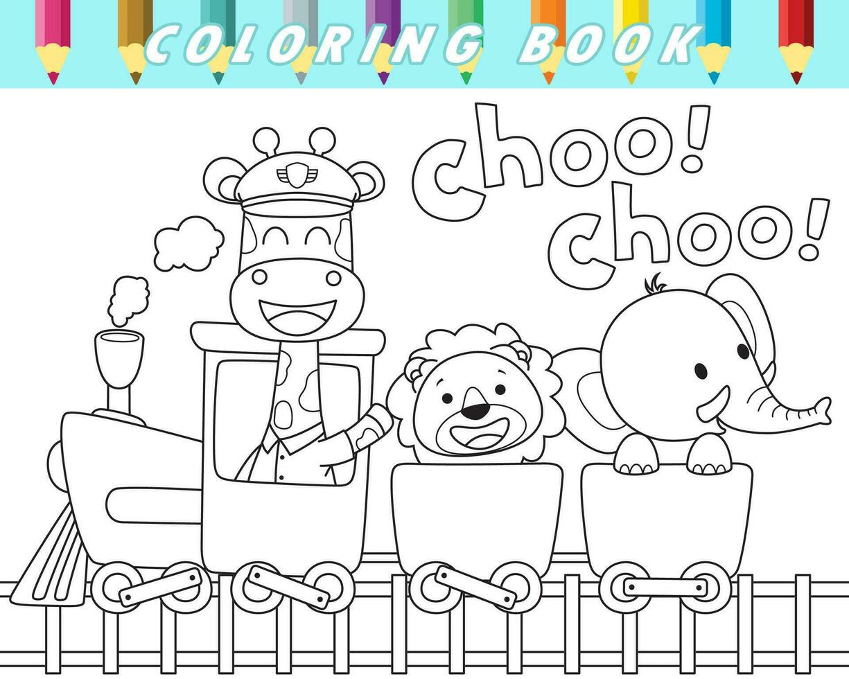kleur boek van schattig dieren Aan stoom- trein. vector tekenfilm illustratie