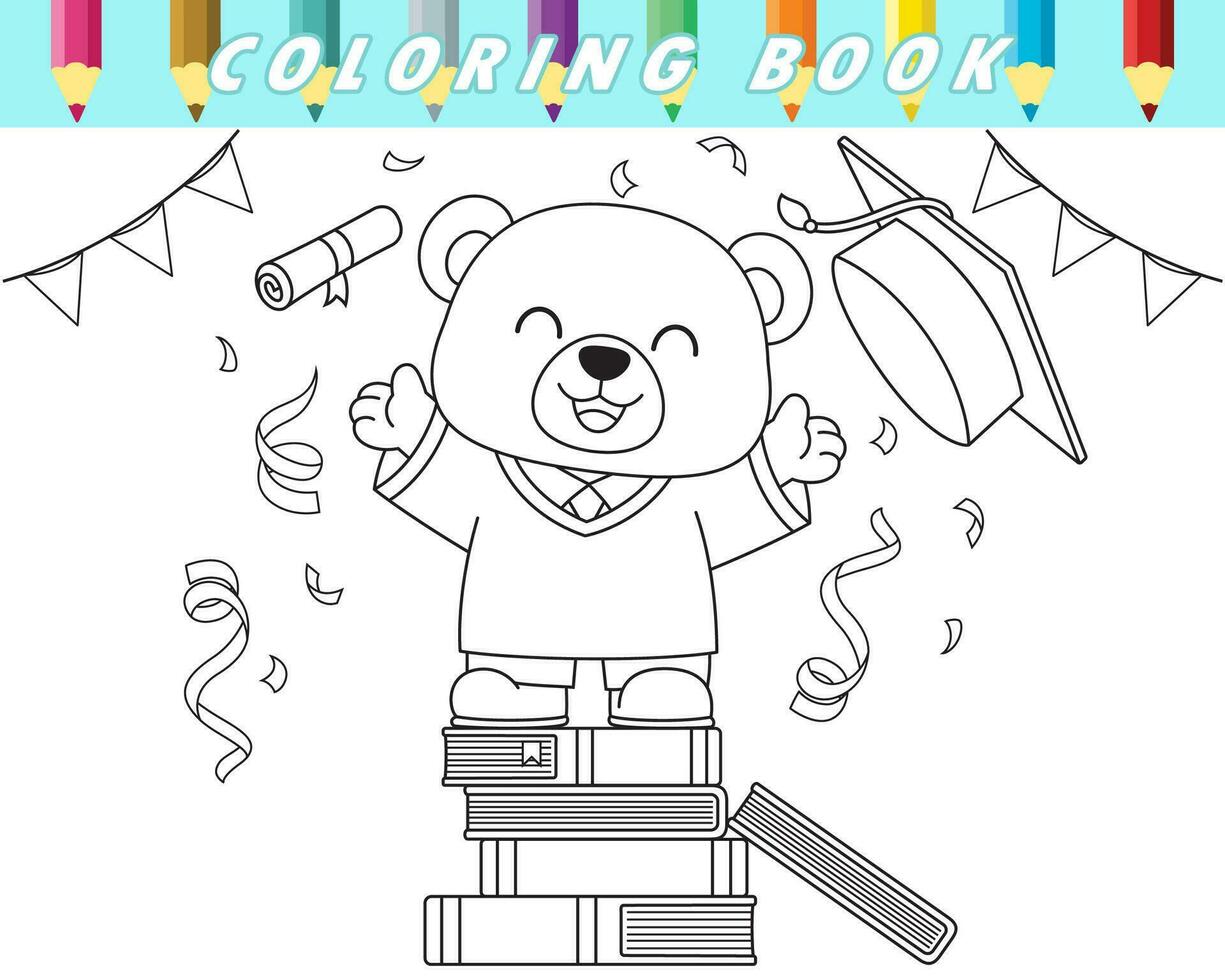 kleur boek van schattig teddy beer in diploma uitreiking japon staand Aan boeken vieren diploma uitreiking dag. vector tekenfilm illustratie