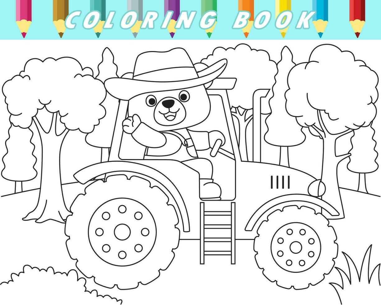 kleur boek van schattig teddy beer het rijden trekker Aan bomen achtergrond. vector tekenfilm illustratie