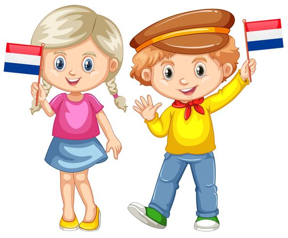 Jongen en meisje houden vlag van Nederland vector