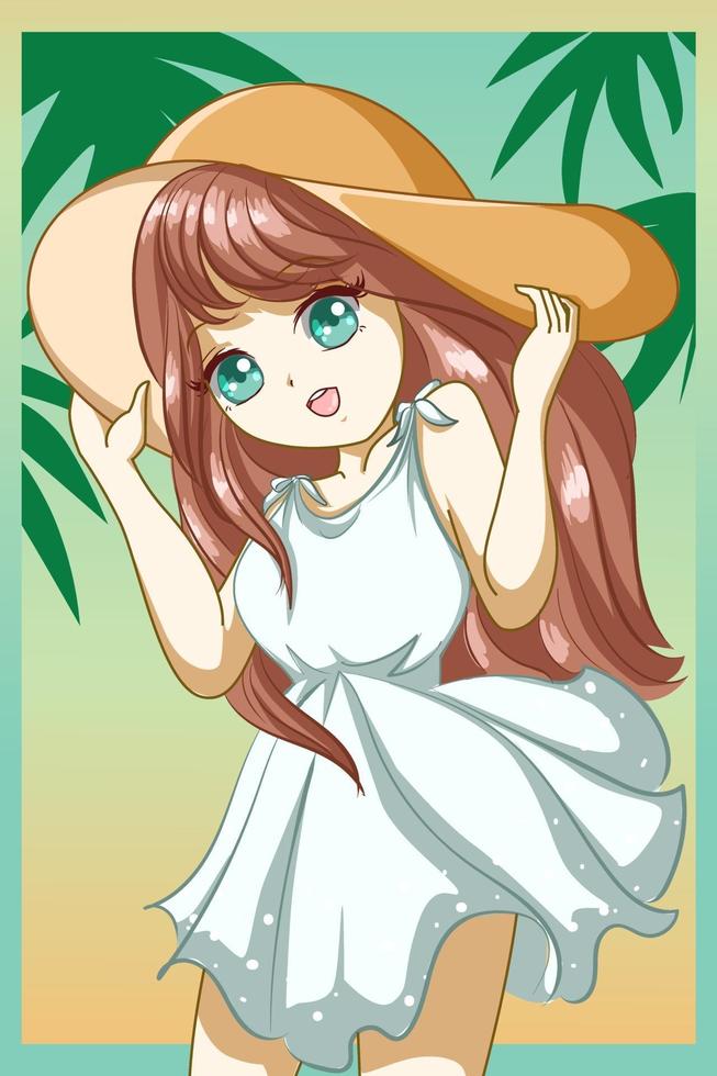 anime meisje met witte jurk in strand bij zomer ontwerp karakter vector