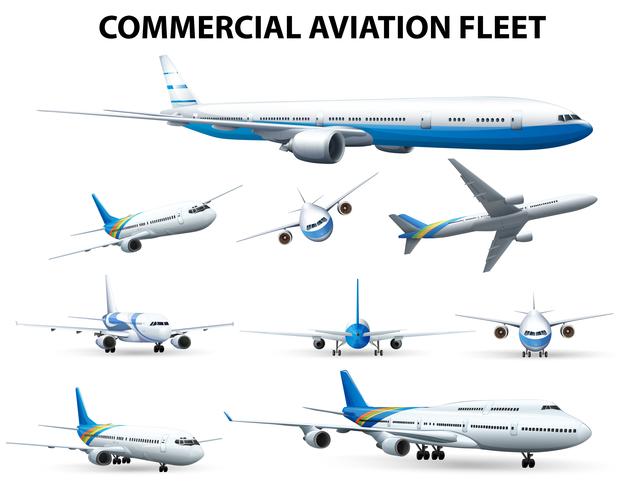 Vliegtuig in verschillende posities voor commerciële luchtvaartvloot vector