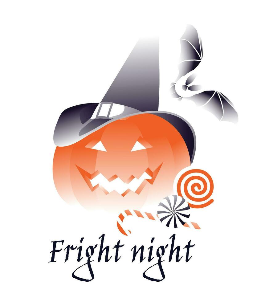 halloween pompoen in een heks hoed, snoepjes De volgende naar het. ansichtkaart, poster, ansichtkaart. helling stijl. vector illustratie