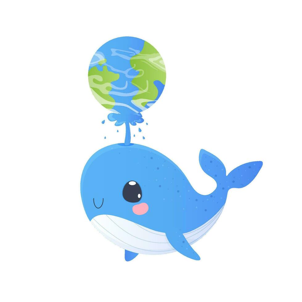 schattig walvis Holding de aarde met een fontein. ansichtkaart, walvis Holding de aarde. vector