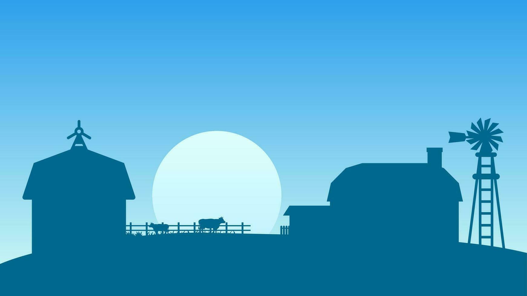 platteland boerderij landschap vector illustratie. silhouet van boerderij landschap met koe vee, schuur en windmolen. landelijk landbouw landschap voor achtergrond, behang of landen bladzijde