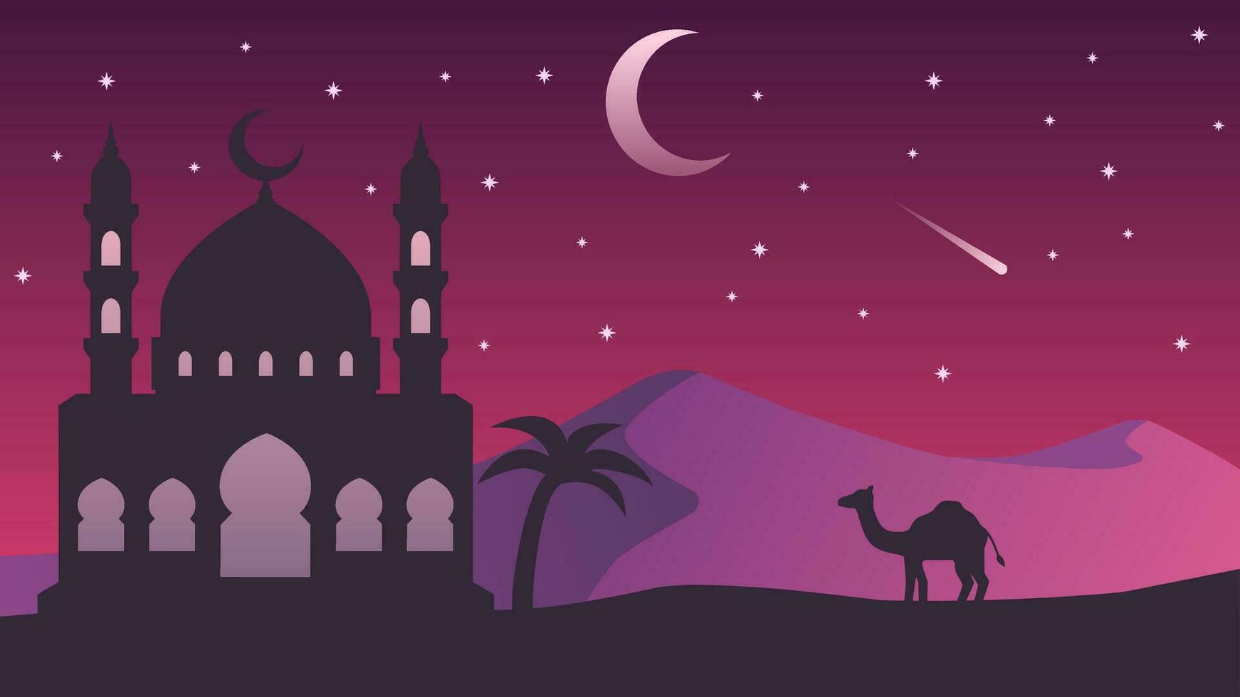 moskee in woestijn landschap vector illustratie. moskee in de nacht met halve maan maan voor eid mubarak. Ramadan ontwerp grafisch in moslim cultuur en Islam geloof. moskee silhouet voor groet kaart