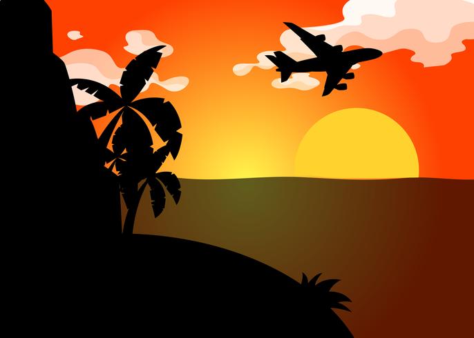 Silhouetscène met vliegtuig die over oceaan bij zonsondergang vliegen vector