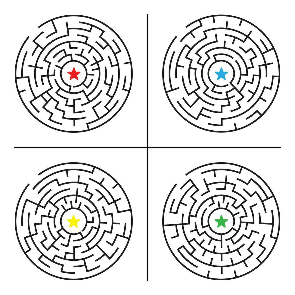 reeks van vier cirkel doolhof puzzel spel, geometrisch labyrint vector illustratie.