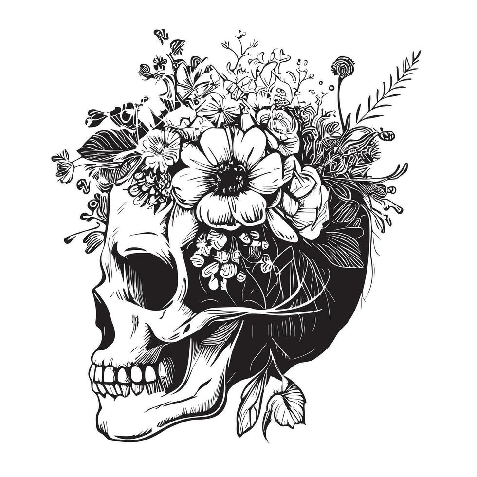 schedel met bloemen Aan hoofd schetsen hand- getrokken in tekening stijl vector illustratie