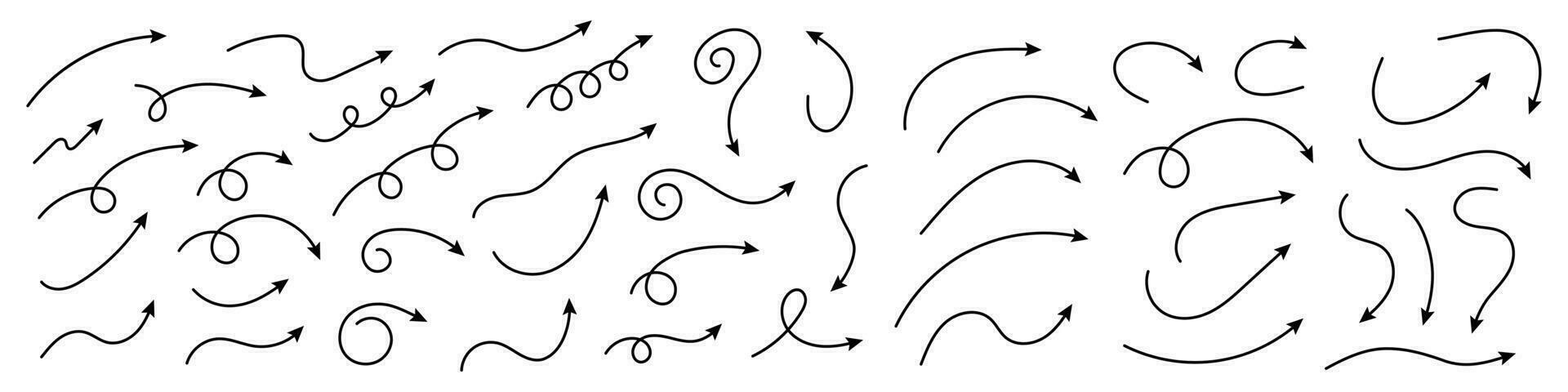 gebogen pijlen. reeks van vector hand- getrokken zigzag pijlen. verzameling van aanwijzingen. vector illustratie.