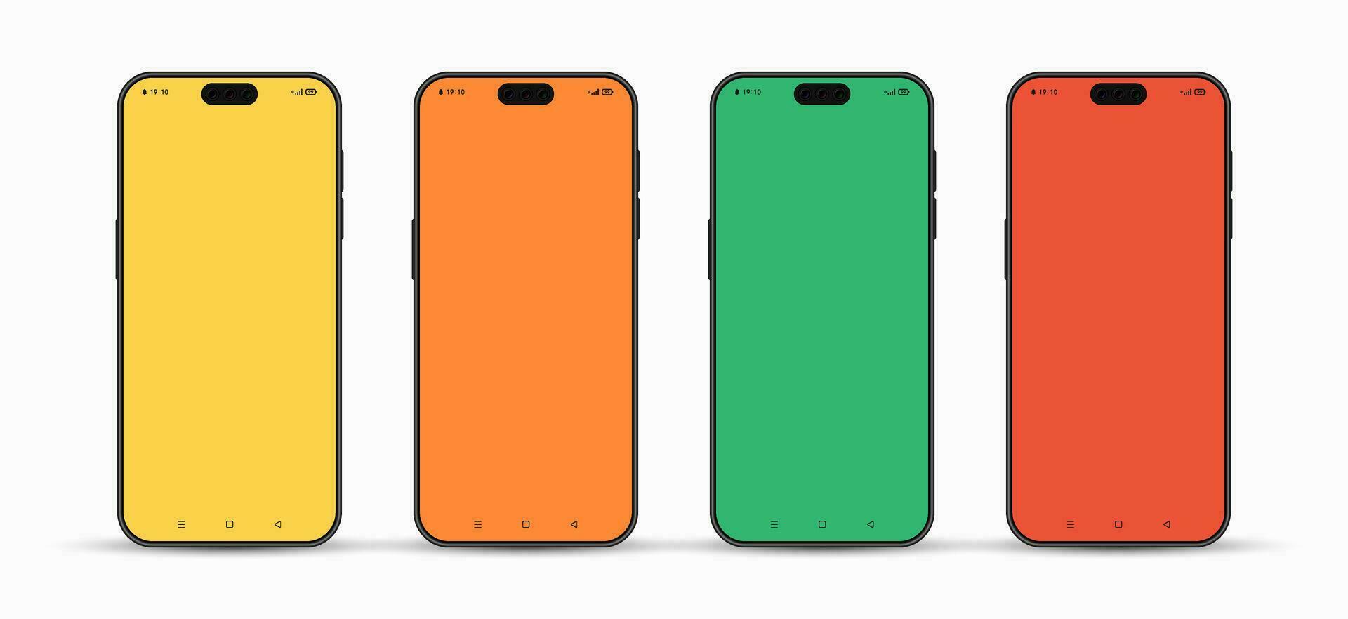 reeks mobiel telefoon met geel, oranje, groen en rood scherm realistisch 3d ontwerp. vector illustratie. eps10