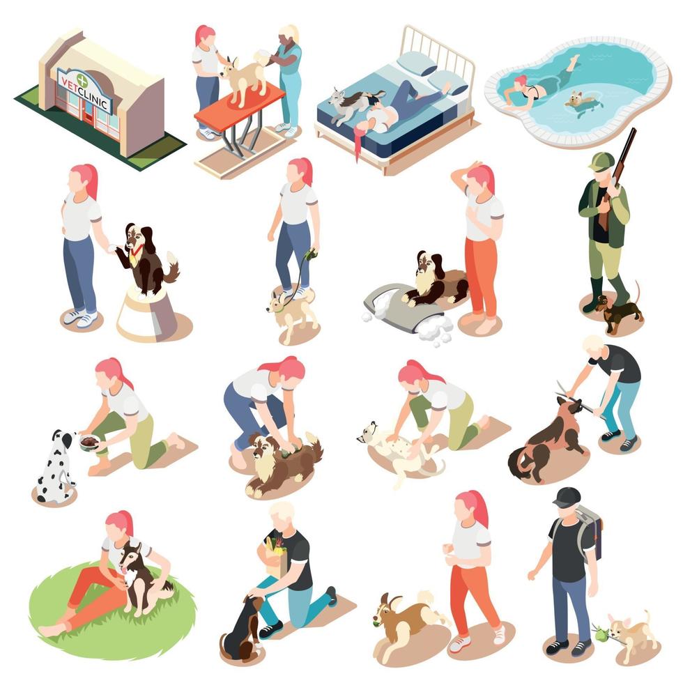 gewone leven van de mens en zijn hond isometrische icon set vector