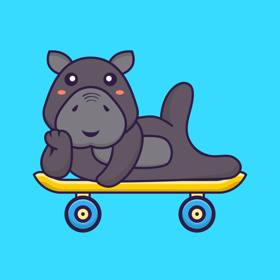 schattig nijlpaard liggend op een skateboard. dierlijk beeldverhaalconcept. vector