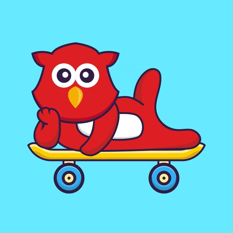 schattige vogel liggend op een skateboard. vector