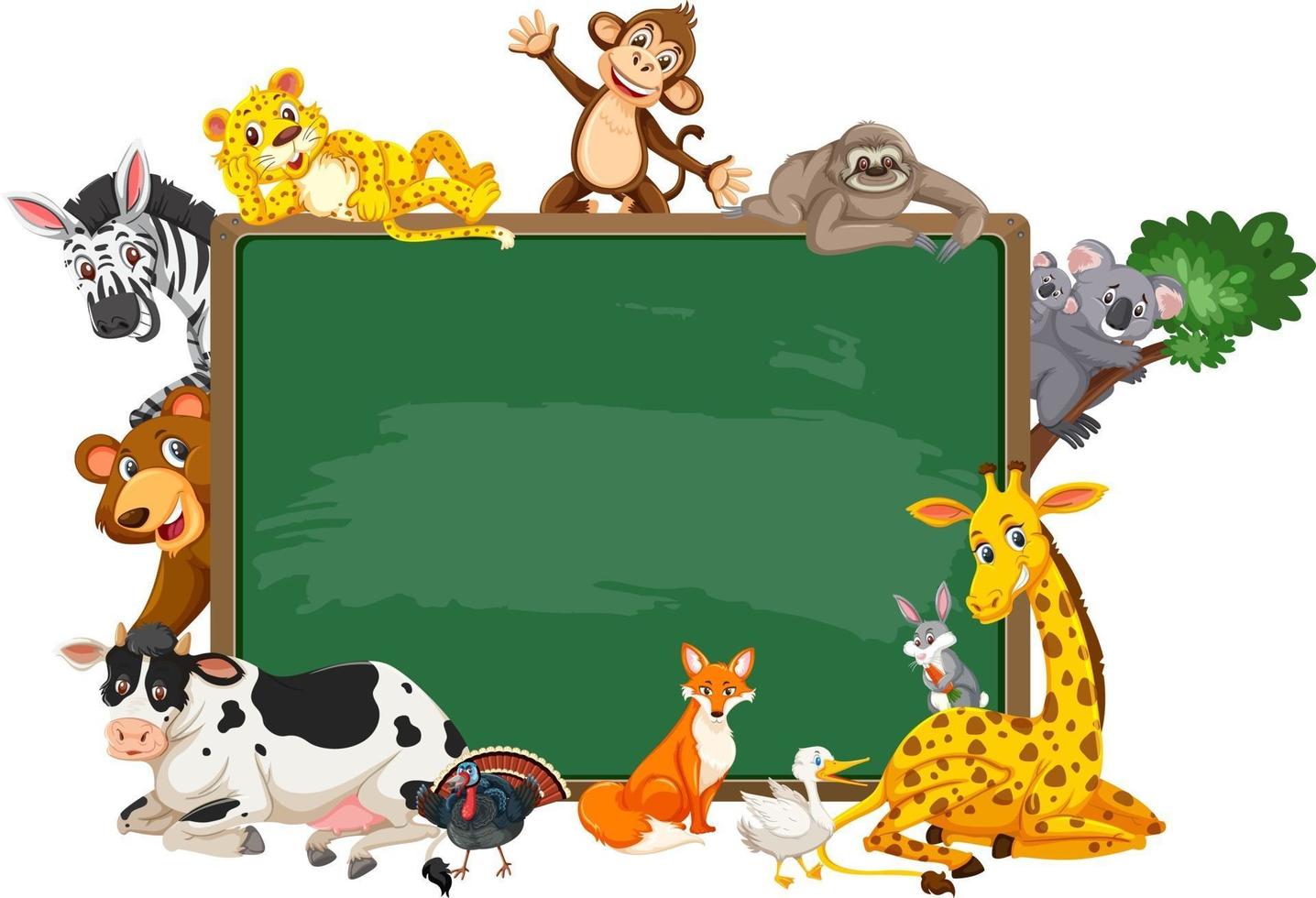 leeg schoolbord met verschillende wilde dieren vector