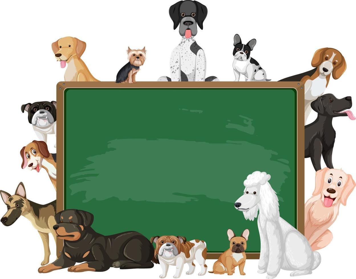 leeg schoolbord met verschillende hondenrassen vector