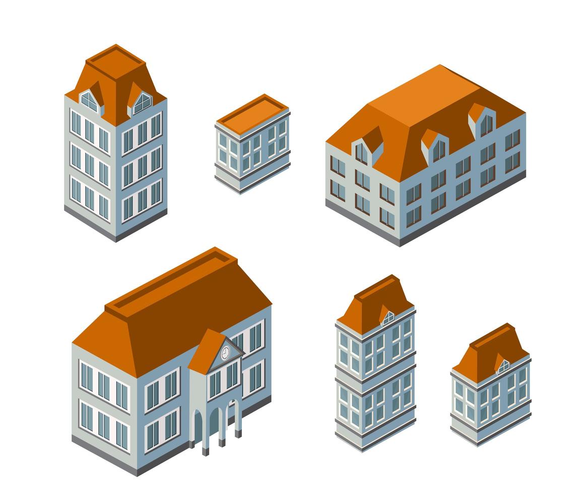 3d isometrisch stadslandschap van huizen, tuinen en straten vector