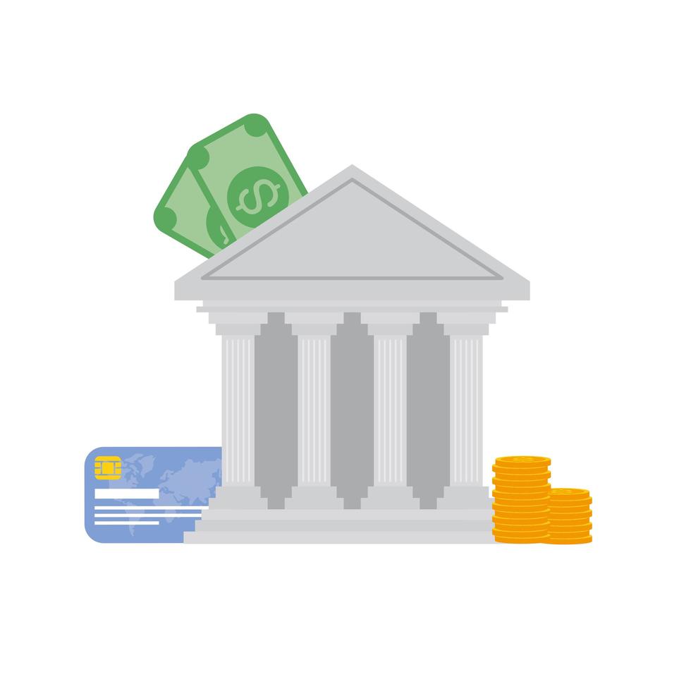 bank met rekeningen munten en creditcard vector ontwerp